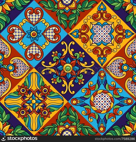 Mexican talavera ceramic tile seamless pattern. Decoration with ornamental flowers. Traditional decorative objects. Ethnic folk ornament.. Mexican talavera ceramic tile seamless pattern. Decoration with ornamental flowers.
