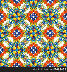 Mexican talavera ceramic tile seamless pattern. Decoration with ornamental flowers. Traditional decorative objects. Ethnic folk ornament.. Mexican talavera ceramic tile seamless pattern. Decoration with ornamental flowers. Background with mexican talavera pattern. Decoration with ornamental flowers.