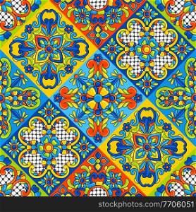 Mexican talavera ceramic tile seamless pattern. Decoration with ornamental flowers. Traditional decorative objects. Ethnic folk ornament.. Mexican talavera ceramic tile seamless pattern. Decoration with ornamental flowers. Background with mexican talavera pattern. Decoration with ornamental flowers.