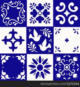 Mexican talavera pattern. Ceramic tiles in traditional style from Puebla. Mexico floral mosaic in blue and white. Folk art design. Mexican talavera pattern. Ceramic tiles in traditional style from Puebla. Mexico floral mosaic in blue and white. Folk art design.
