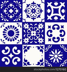 Mexican talavera pattern. Ceramic tiles in traditional style from Puebla. Mexico floral mosaic in blue and white. Folk art design. Mexican talavera pattern. Ceramic tiles in traditional style from Puebla. Mexico floral mosaic in blue and white. Folk art design.