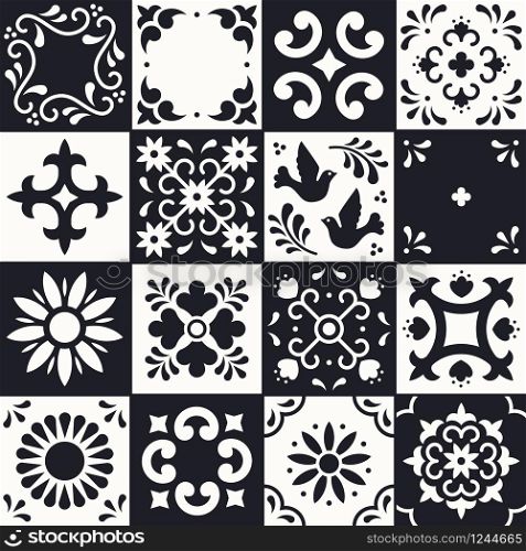 Mexican talavera pattern. Ceramic tiles with flower, leaves and bird ornaments in traditional style from Puebla. Mexico floral mosaic in black and white. Folk art design. Mexican talavera pattern. Ceramic tiles with flower, leaves and bird ornaments in traditional style from Puebla. Mexico floral mosaic in black and white. Folk art design.