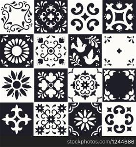 Mexican talavera pattern. Ceramic tiles with flower, leaves and bird ornaments in traditional style from Puebla. Mexico floral mosaic in black and white. Folk art design. Mexican talavera pattern. Ceramic tiles with flower, leaves and bird ornaments in traditional style from Puebla. Mexico floral mosaic in black and white. Folk art design.