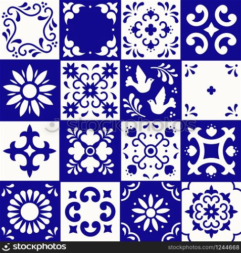 Mexican talavera pattern. Ceramic tiles with flower, leaves and bird ornaments in traditional style from Puebla. Mexico floral mosaic in navy blue and white. Folk art design. Mexican talavera pattern. Ceramic tiles with flower, leaves and bird ornaments in traditional style from Puebla. Mexico floral mosaic in navy blue and white. Folk art design.