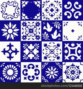 Mexican talavera pattern. Ceramic tiles with flower, leaves and bird ornaments in traditional style from Puebla. Mexico floral mosaic in navy blue and white. Folk art design. Mexican talavera pattern. Ceramic tiles with flower, leaves and bird ornaments in traditional style from Puebla. Mexico floral mosaic in navy blue and white. Folk art design.