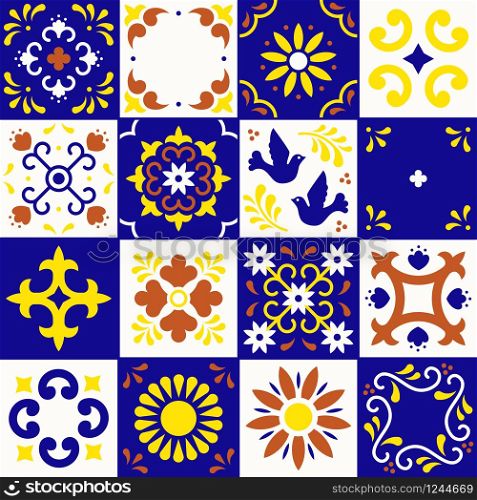 Mexican talavera pattern. Ceramic tiles with flower, leaves and bird ornaments in traditional style from Puebla. Mexico floral mosaic in ultramarine, terracotta, yellow and white. Folk art design.