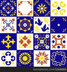 Mexican talavera pattern. Ceramic tiles with flower, leaves and bird ornaments in traditional style from Puebla. Mexico floral mosaic in ultramarine, terracotta, yellow and white. Folk art design.