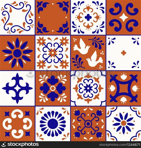 Mexican talavera pattern. Ceramic tiles with flower, leaves and bird ornaments in traditional style from Puebla. Mexico floral mosaic in navy blue, terracotta and white. Folk art design. Mexican talavera pattern. Ceramic tiles with flower, leaves and bird ornaments in traditional style from Puebla. Mexico floral mosaic in navy blue, terracotta and white. Folk art design.