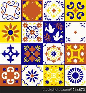 Mexican talavera pattern. Ceramic tiles with flower, leaves and bird ornaments in traditional style from Puebla. Mexico floral mosaic in navy blue, terracotta, yellow and white. Folk art design.