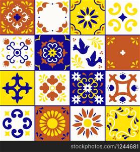 Mexican talavera pattern. Ceramic tiles with flower, leaves and bird ornaments in traditional style from Puebla. Mexico floral mosaic in blue, terracotta, yellow and white. Folk art design.