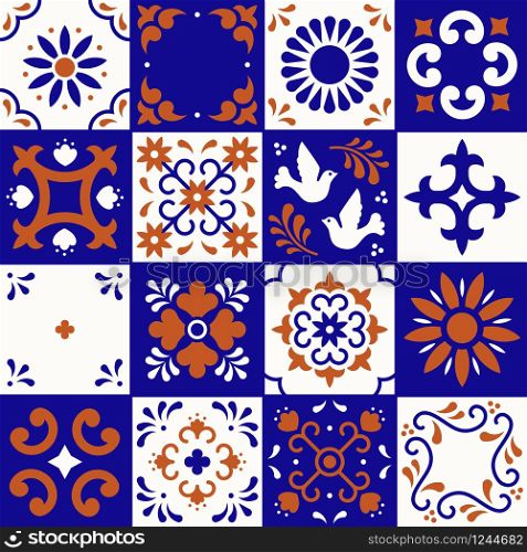 Mexican talavera pattern. Ceramic tiles with flower, leaves and bird ornaments in traditional style from Puebla. Mexico floral mosaic in ultramarine, terracotta and white. Folk art design. Mexican talavera pattern. Ceramic tiles with flower, leaves and bird ornaments in traditional style from Puebla. Mexico floral mosaic in ultramarine, terracotta and white. Folk art design.