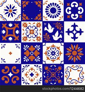 Mexican talavera pattern. Ceramic tiles with flower, leaves and bird ornaments in traditional style from Puebla. Mexico floral mosaic in ultramarine, terracotta and white. Folk art design. Mexican talavera pattern. Ceramic tiles with flower, leaves and bird ornaments in traditional style from Puebla. Mexico floral mosaic in ultramarine, terracotta and white. Folk art design.
