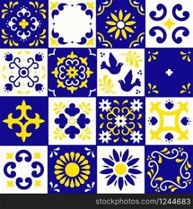 Mexican talavera pattern. Ceramic tiles with flower, leaves and bird ornaments in traditional style from Puebla. Mexico floral mosaic in blue, yellow and white. Folk art design. Mexican talavera pattern. Ceramic tiles with flower, leaves and bird ornaments in traditional style from Puebla. Mexico floral mosaic in blue, yellow and white. Folk art design.