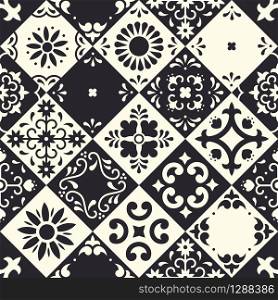 Mexican talavera seamless pattern. Ceramic tiles with flower, leaves and bird ornaments in traditional majolica style from Puebla. Mexico floral mosaic in classic black and white. Folk art design. Mexican talavera seamless pattern. Ceramic tiles with flower, leaves and bird ornaments in traditional majolica style from Puebla. Mexico floral mosaic in classic black and white. Folk art design.