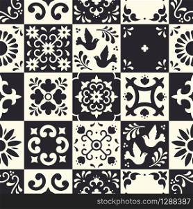 Mexican talavera seamless pattern. Ceramic tiles with flower, leaves and bird ornaments in traditional majolica style from Puebla. Mexico floral mosaic in classic black and white. Folk art design. Mexican talavera seamless pattern. Ceramic tiles with flower, leaves and bird ornaments in traditional majolica style from Puebla. Mexico floral mosaic in classic black and white. Folk art design.