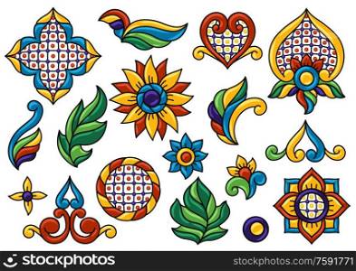 Mexican talavera seamless pattern. Decoration with ornamental flowers. Traditional tile decorative objects. Ethnic folk ornament.. Mexican decoration set of talavera ceramic pattern. Ethnic folk flower.