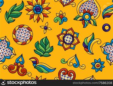 Mexican talavera seamless pattern. Decorative background with ornamental flowers. Traditional tile decorative objects. Ethnic folk ornament.. Mexican talavera seamless pattern. Decorative background with ornamental flowers.