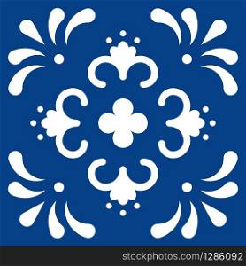 Mexican talavera tile pattern. Ornament in traditional style from Puebla in classic blue and white. Floral ceramic composition with flower, dot and leaves. Folk art design from Mexico. Mexican talavera tile pattern. Ornament in traditional style from Puebla in classic blue and white. Floral ceramic composition with flower, dot and leaves. Folk art design from Mexico.