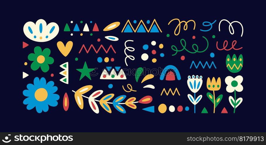 Mexican-themed design elements for for flyers, banners, and social media posts. Colorful festival trendy elements like flowers, circles, triangles. Mexican-themed design elements for for flyers, banners, and social media posts. 
