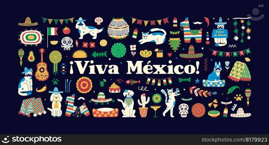 Mexican-themed design elements with lettering viva mexico. Cats and dogs are sitting in mexican costumes with hats and mustaches. Mexican-themed design elements with lettering viva mexico.