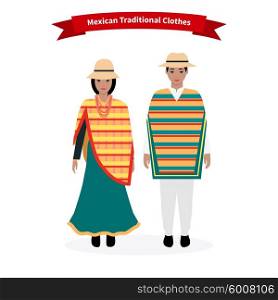 Mexican traditional clothes people. Man with hat, ethnic culture, costume for woman, dress native national, person lady character, tradition nationality clothing with pattern illustration