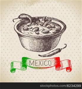 Mexican traditional food background with chili carne. Hand drawn sketch vector illustration. Vintage Mexico cuisine banner