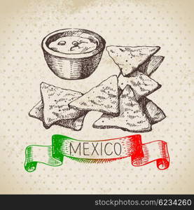 Mexican traditional food background with nachos. Hand drawn sketch vector illustration. Vintage Mexico cuisine banner