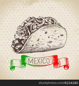 Mexican traditional food background with tacos. Hand drawn sketch vector illustration. Vintage Mexico cuisine banner