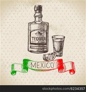 Mexican traditional food background with tequila. Hand drawn sketch vector illustration. Vintage Mexico cuisine banner