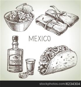 Mexican traditional food. Hand drawn sketch vector illustration. Vintage Mexico cuisine set