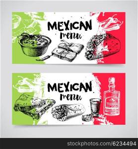 Mexican traditional food menu. Hand drawn sketch vector illustration. Vintage Mexico cuisine banner set