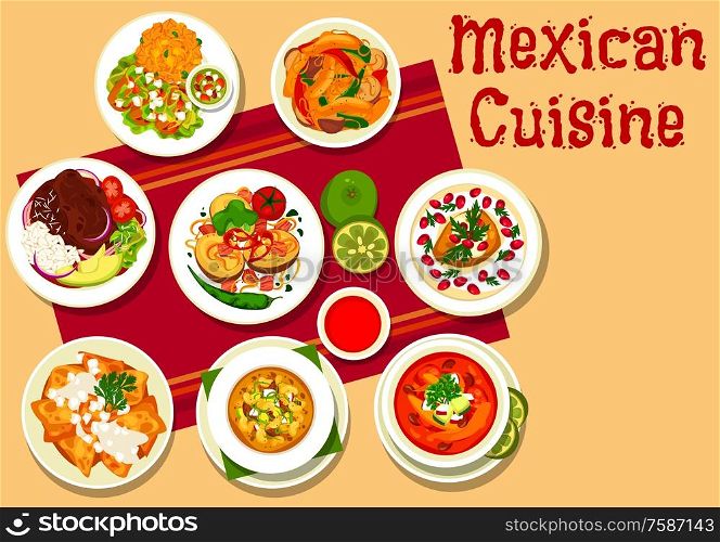 Mexican vegetable meat soup pozole, tacos and fajitas vector design. Stuffed pepper, tomato soup with tortilla chips, nachos with mozzarella, beef rice with chilli sauce and potato with bacon, spinach. Mexican dishes with meat, vegetables, chilli sauce