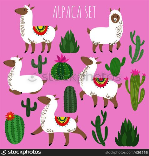Mexican white alpaca lamas and desert plants vector set. Cartoon lama animal and nature cactus with flower illustration. Mexican white alpaca lamas and desert plants vector set