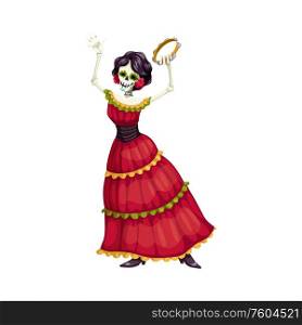 Mexican woman dancer with catrina calavera skull isolated. Vector woman with tambourine, Mexico dress. Dead woman with calavera skull in dress tambourine