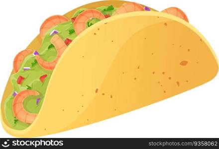 Mexicano taco with shrimps and guacamole. Latino american food illustration in cartoon style isolated on white background