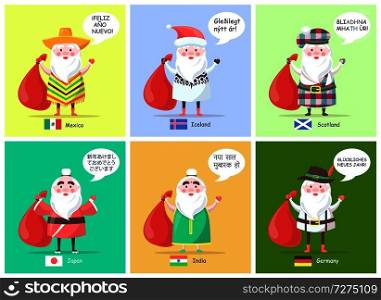Mexico and Iceland Santa Clauses with greeting happy New Year translated in different languages, flags and old men isolated on vector illustration. Mexico Iceland Santa Clauses Vector Illustration