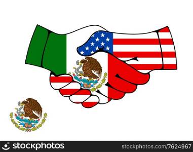 Mexico and USA partnership handshake. Trade and business deal agreement vector symbol. Joined hands with mexican and american flags. Businessmen or politics greeting, partnership, meeting. Mexico and USA partnership handshake