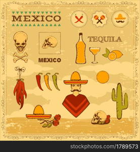 mexico background, vector mexican icons, cactus, tequila illustration