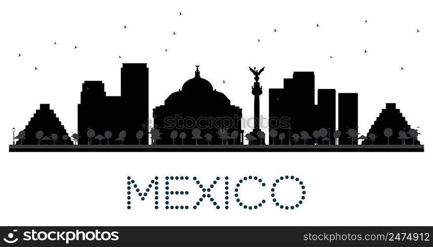 Mexico City skyline black and white silhouette. Cityscape with landmarks