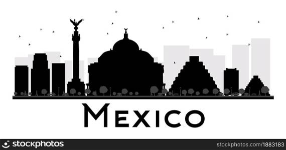 Mexico City skyline black and white silhouette. Vector illustration. Simple flat concept for tourism presentation, banner, placard or web site. Business travel concept. Cityscape with landmarks