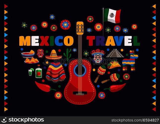 Mexico colorful national traditional symbols composition with guitar flag food masks tequila cactus travel advertisement vector illustration . Mexico Colorful Symbols Composition