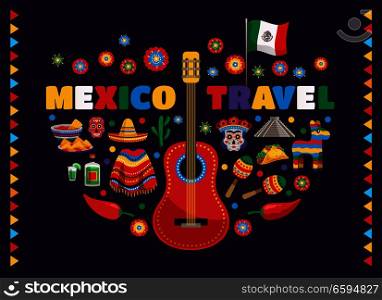 Mexico colorful national traditional symbols composition with guitar flag food masks tequila cactus travel advertisement vector illustration . Mexico Colorful Symbols Composition