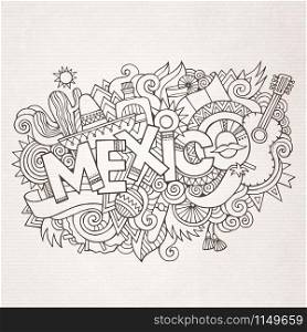 Mexico country hand lettering and doodles elements and symbols background. Vector hand drawn sketchy illustration. Mexico country hand lettering and doodles elements