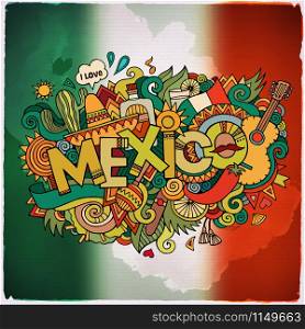 Mexico country hand lettering and doodles elements and symbols emblem. Vector blurred flag background. Mexico country hand lettering and doodles elements