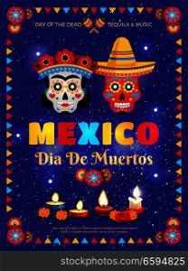 Mexico culture traditions colorful poster with dead day celebration symbols masks candles accessories blue background vector illustration . Mexico Holiday Poster