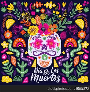 Mexico design for fiesta cards or party invitation, poster.. Dias de los Muertos typography banner vector. In English Feast of death. Mexico design for fiesta cards or party invitation, poster. Flowers traditional mexican frame with floral letters on dark background.