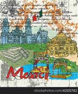 mexico doodles with grunge vector illustration