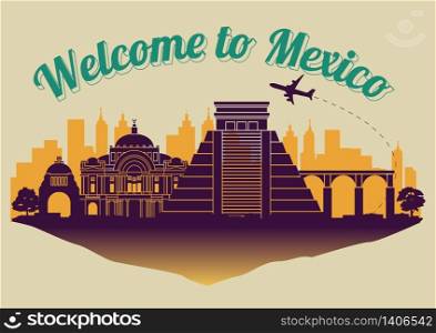 Mexico famous landmark silhouette style on float island,travel and tourism,dark blue green color,vector illustration