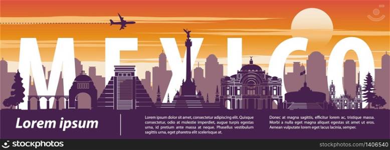 Mexico famous landmark silhouette style,text within,sunset time,vector illustration