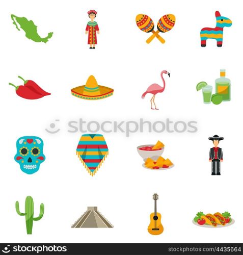 Mexico Flat Icon Set. Set of flat icons with traditional food costumes animals and sightseeings of Mexico vector illustration